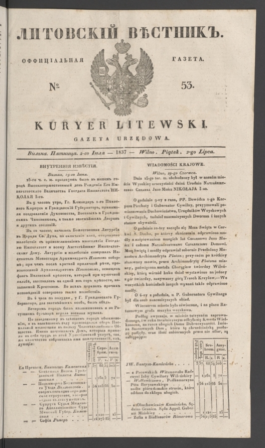 Литовскій Вѣстникъ&nbsp;: оффиціальная газета. 1837, numero&nbsp;53