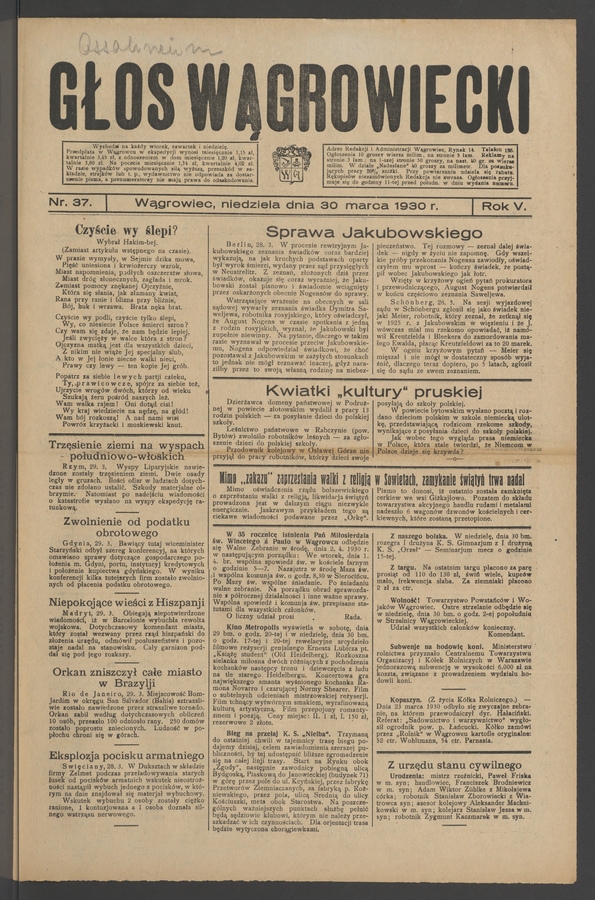 Głos Wągrowiecki. Rok&nbsp;5, 1930, numer&nbsp;37