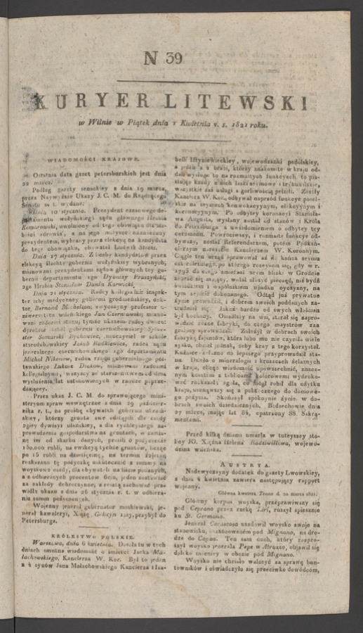 Kuryer Litewski. 1821, numer&nbsp;39