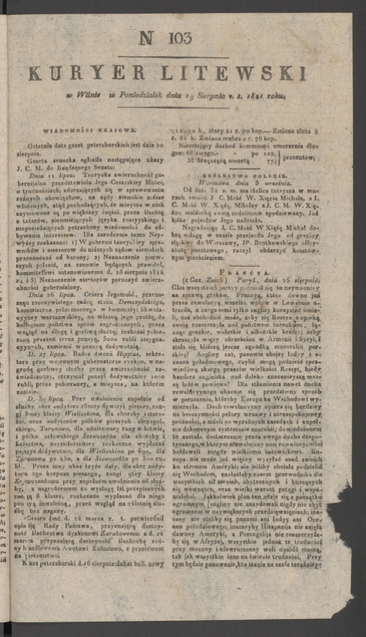 Kuryer Litewski. 1821, numer 103