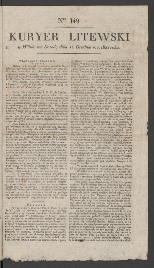 Kuryer Litewski. 1821, numer&nbsp;149