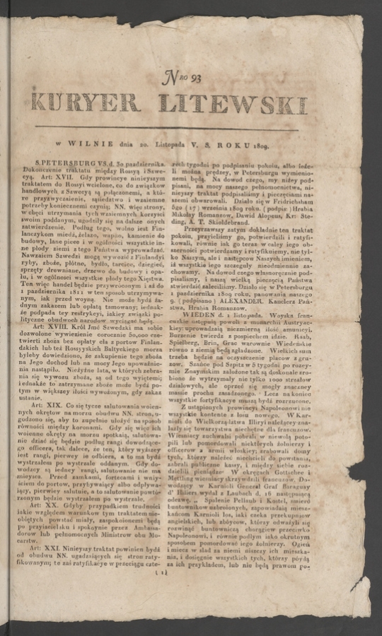 Kuryer Litewski. 1809, numero 93