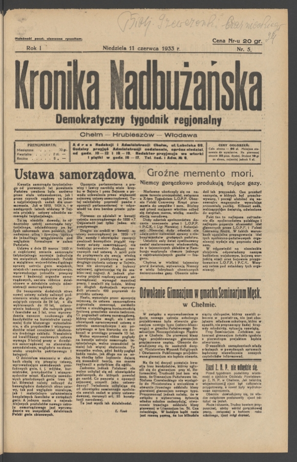 Kronika Nadbużańska&nbsp;: demokratyczny tygodnik regjonalny. Rok&nbsp;1, 1933, numer&nbsp;5