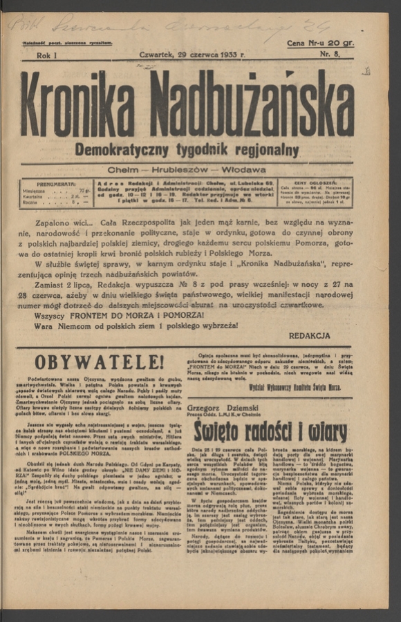 Kronika Nadbużańska&nbsp;: demokratyczny tygodnik regjonalny. Rok&nbsp;1, 1933, numer&nbsp;8