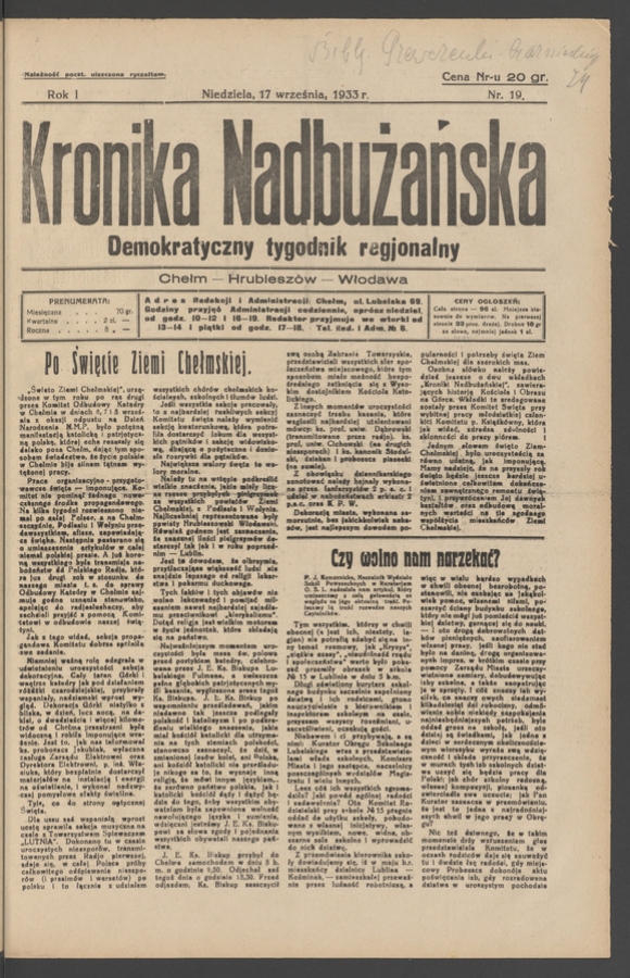 Kronika Nadbużańska&nbsp;: demokratyczny tygodnik regjonalny. Rok&nbsp;1, 1933, numer&nbsp;19