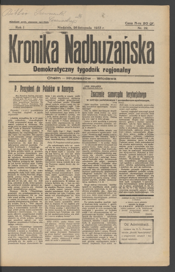 Kronika Nadbużańska&nbsp;: demokratyczny tygodnik regjonalny. Rok&nbsp;1, 1933, numer&nbsp;29