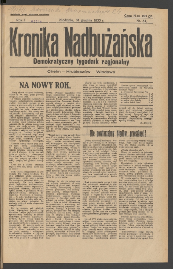 Kronika Nadbużańska&nbsp;: demokratyczny tygodnik regjonalny. Rok&nbsp;1, 1933, numer&nbsp;34