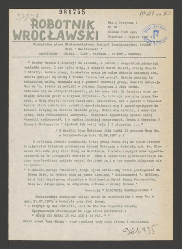 Robotnik Wrocławski : niezależne pismo Międzyzakładowej Komisji Koordynacyjnej Zachód NSZZ „Solidarność” Archimedes, Dolmel, IASE, Pafawag, Pilmet. 1987, numer 10
