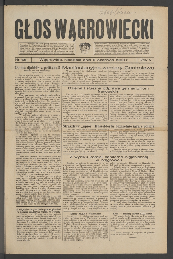 Głos Wągrowiecki. Rok&nbsp;5, 1930, numer&nbsp;66