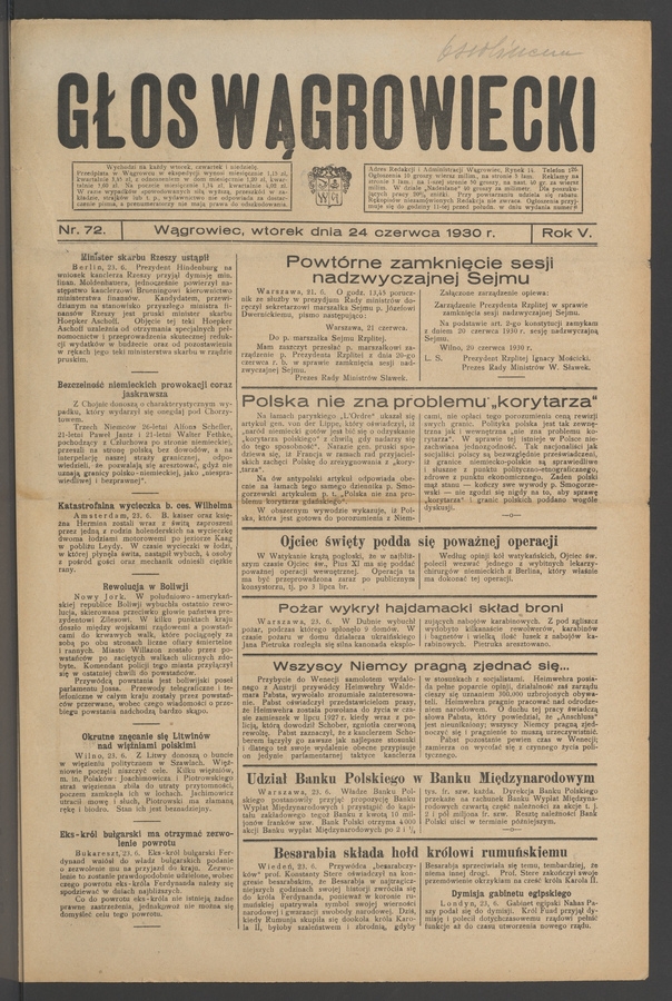 Głos Wągrowiecki. Rok&nbsp;5, 1930, numer&nbsp;72