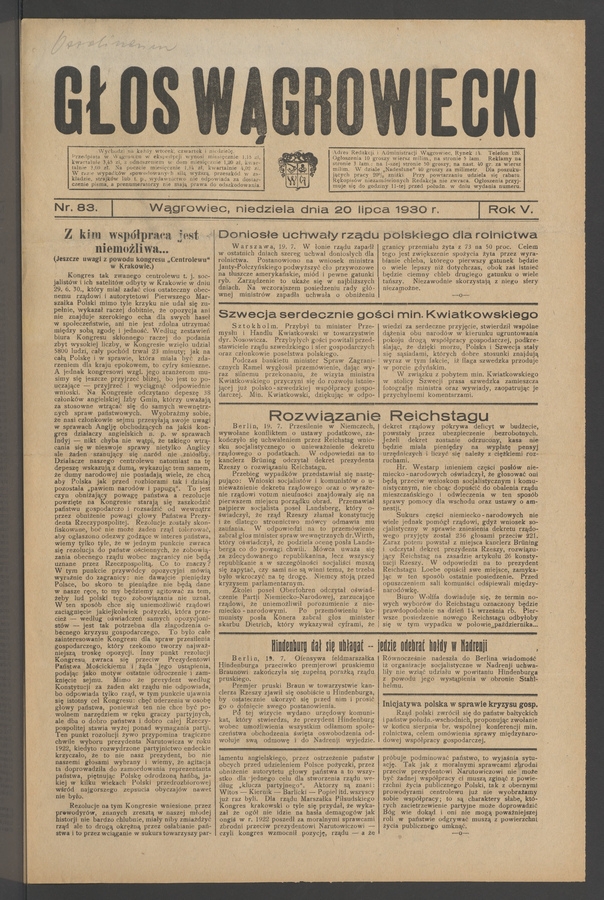 Głos Wągrowiecki. Rok&nbsp;5, 1930, numer&nbsp;83