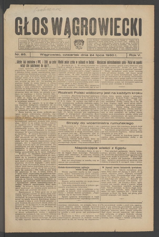 Głos Wągrowiecki. Rok&nbsp;5, 1930, numer&nbsp;85