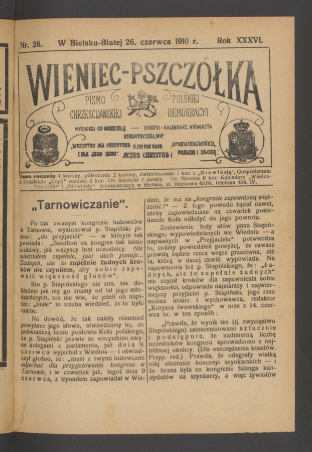 Wieniec-Pszczółka : pismo polskiej chrześcijańskiej demokracyi. Rok 36, 1910, numer 26