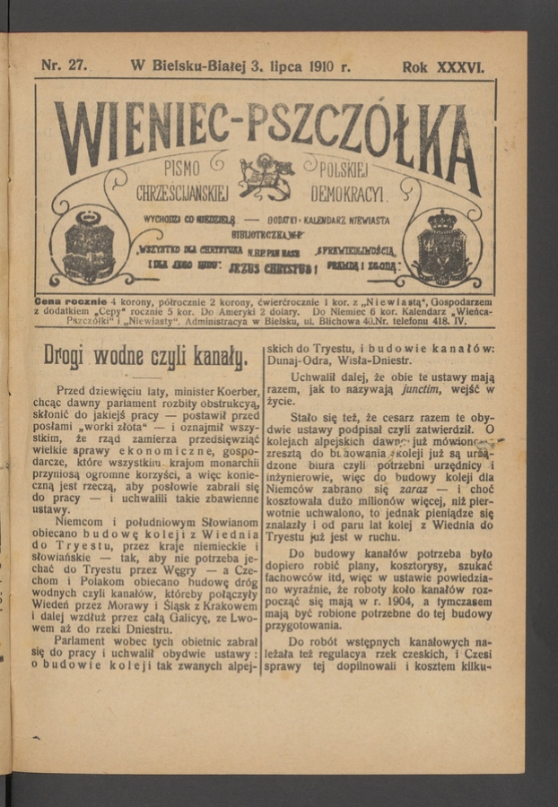 Wieniec-Pszcz&oacute;łka&nbsp;: pismo polskiej chrześcijańskiej demokracyi. Rok&nbsp;36, 1910, numer&nbsp;27