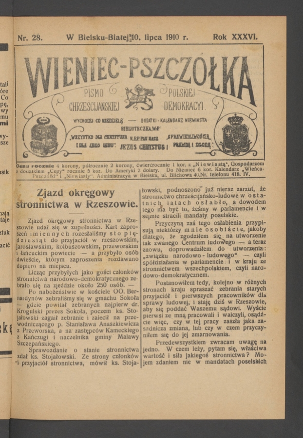 Wieniec-Pszczółka : pismo polskiej chrześcijańskiej demokracyi. Rok 36, 1910, numer 28