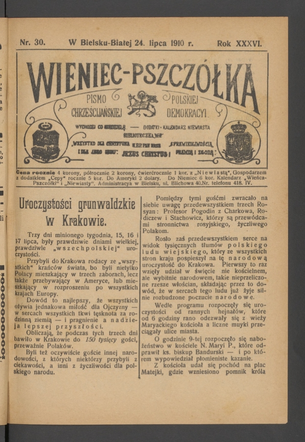 Wieniec-Pszczółka : pismo polskiej chrześcijańskiej demokracyi. Rok 36, 1910, numer 30