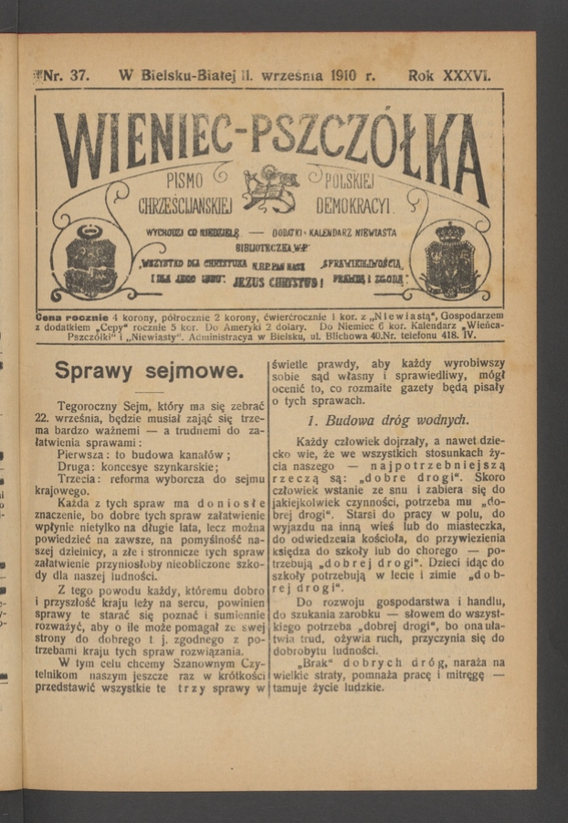 Wieniec-Pszcz&oacute;łka&nbsp;: pismo polskiej chrześcijańskiej demokracyi. Rok&nbsp;36, 1910, numer&nbsp;37