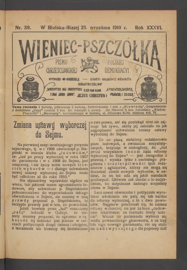 Wieniec-Pszczółka : pismo polskiej chrześcijańskiej demokracyi. Rok 36, 1910, numer 39