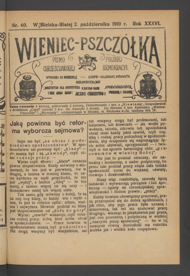 Wieniec-Pszczółka : pismo polskiej chrześcijańskiej demokracyi. Rok 36, 1910, numer 40