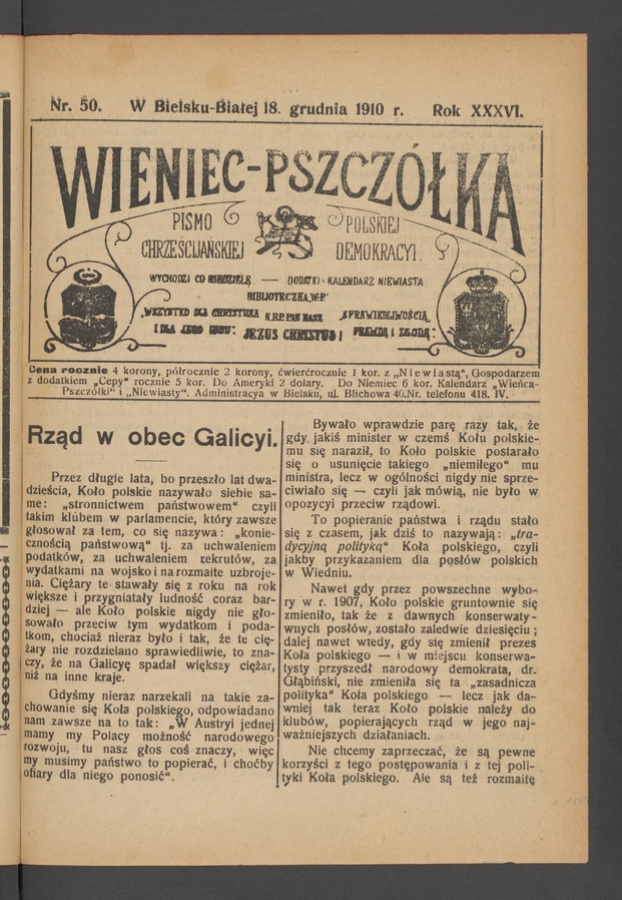 Wieniec-Pszcz&oacute;łka&nbsp;: pismo polskiej chrześcijańskiej demokracyi. Rok&nbsp;36, 1910, numer&nbsp;50