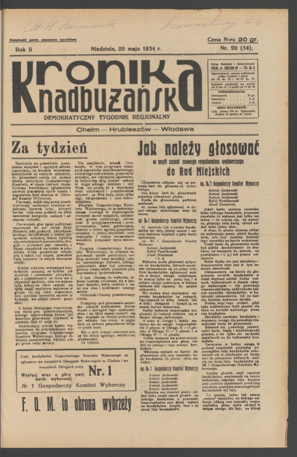Kronika Nadbużańska&nbsp;: demokratyczny tygodnik regjonalny. Rok&nbsp;2, 1934, numer&nbsp;20