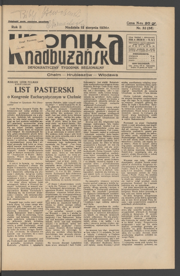 Kronika Nadbużańska&nbsp;: demokratyczny tygodnik regjonalny. Rok&nbsp;2, 1934, numer&nbsp;32