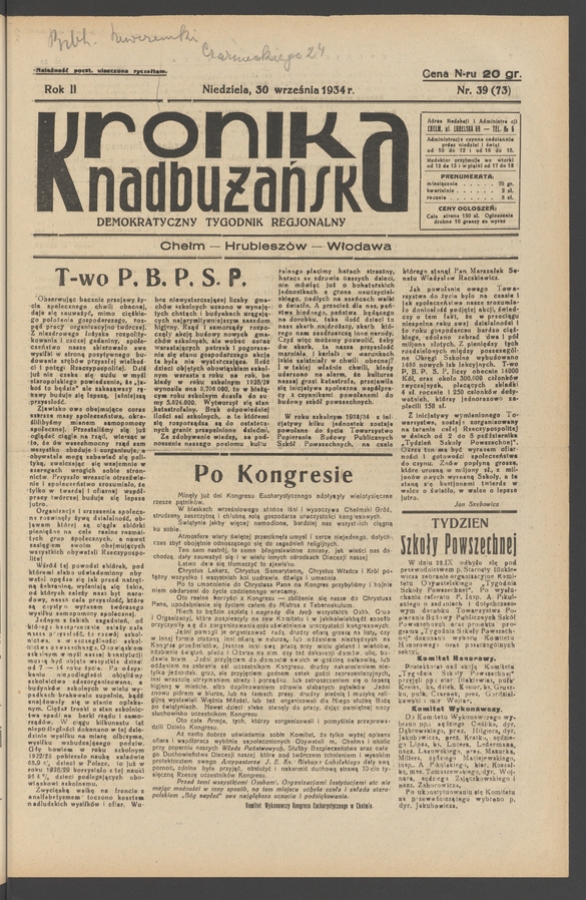 Kronika Nadbużańska&nbsp;: demokratyczny tygodnik regjonalny. Rok&nbsp;2, 1934, numer&nbsp;39