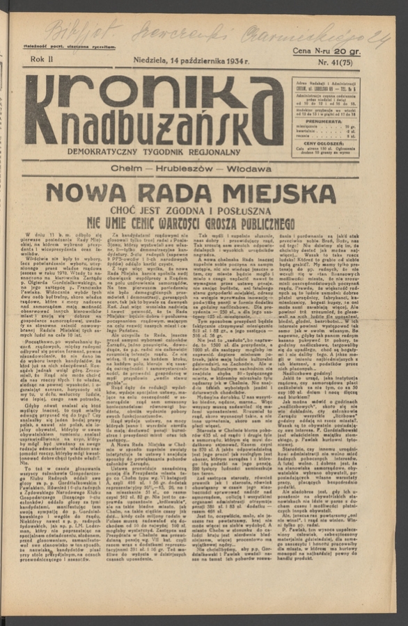 Kronika Nadbużańska&nbsp;: demokratyczny tygodnik regjonalny. Rok&nbsp;2, 1934, numer&nbsp;41