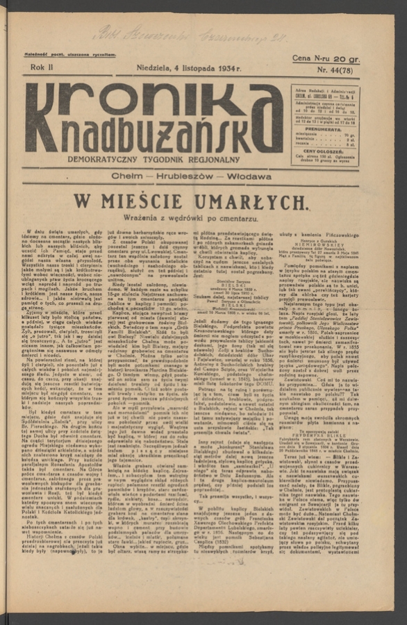 Kronika Nadbużańska&nbsp;: demokratyczny tygodnik regjonalny. Rok&nbsp;2, 1934, numer&nbsp;44
