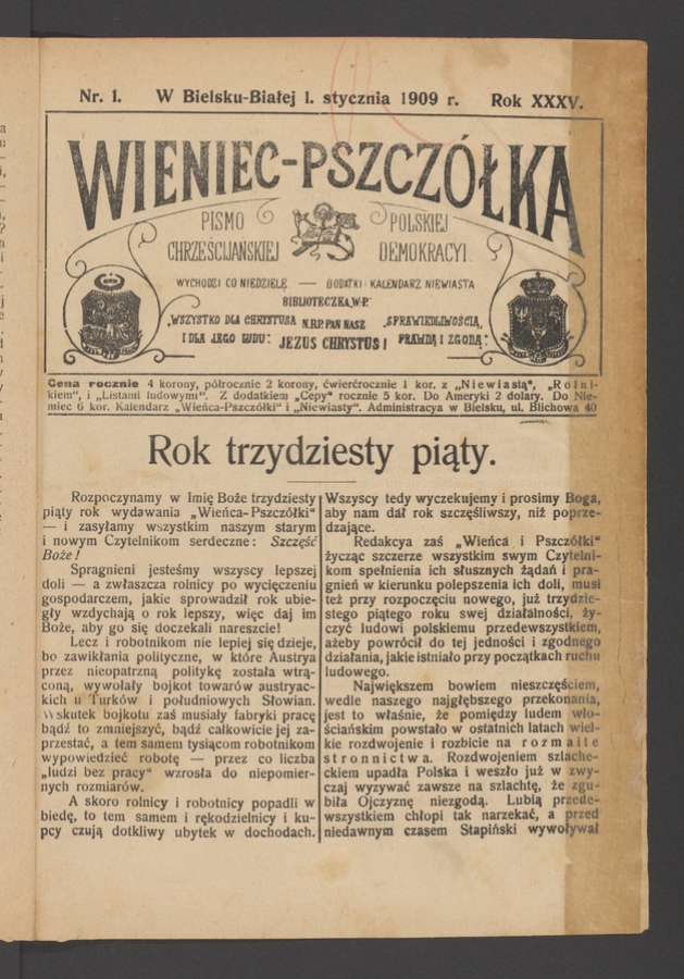 Wieniec-Pszcz&oacute;łka&nbsp;: pismo polskiej chrześcijańskiej demokracyi. Rok&nbsp;35, 1909, numer&nbsp;1