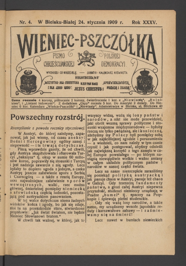Wieniec-Pszcz&oacute;łka&nbsp;: pismo polskiej chrześcijańskiej demokracyi. Rok&nbsp;35, 1909, numer&nbsp;4