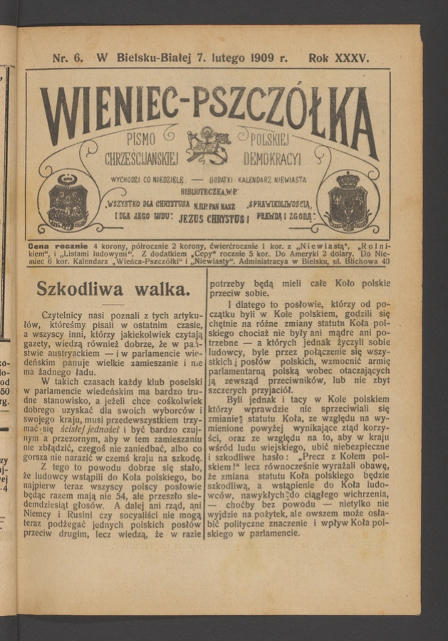 Wieniec-Pszcz&oacute;łka&nbsp;: pismo polskiej chrześcijańskiej demokracyi. Rok&nbsp;35, 1909, numer&nbsp;6
