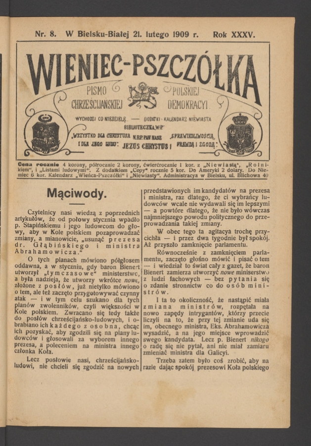 Wieniec-Pszcz&oacute;łka&nbsp;: pismo polskiej chrześcijańskiej demokracyi. Rok&nbsp;35, 1909, numer&nbsp;8