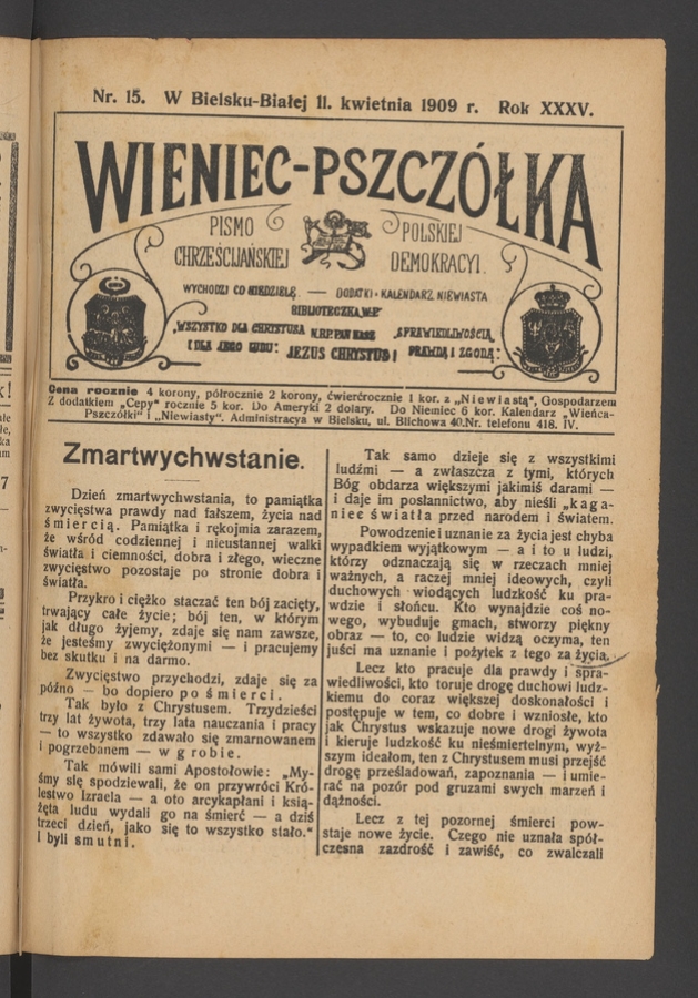 Wieniec-Pszcz&oacute;łka&nbsp;: pismo polskiej chrześcijańskiej demokracyi. Rok&nbsp;35, 1909, numer&nbsp;15
