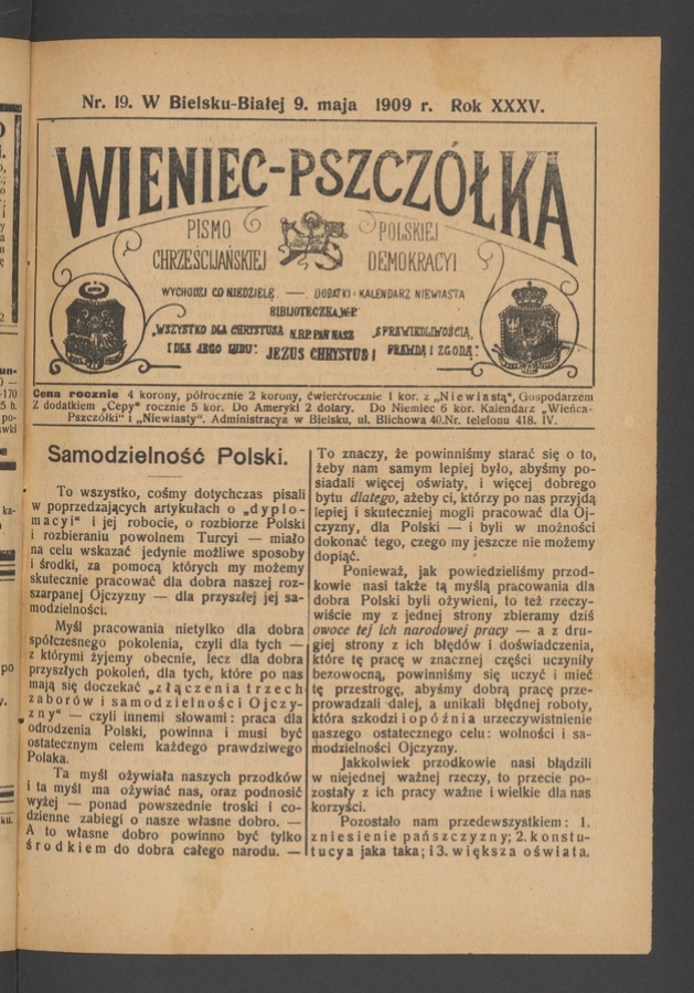 Wieniec-Pszcz&oacute;łka&nbsp;: pismo polskiej chrześcijańskiej demokracyi. Rok&nbsp;35, 1909, numer&nbsp;19