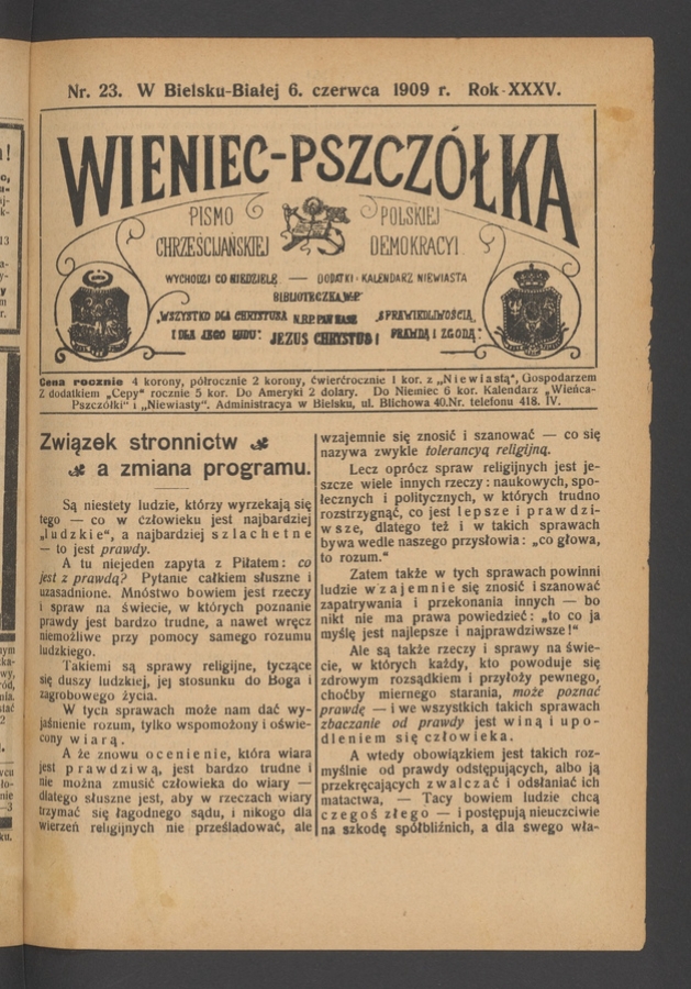 Wieniec-Pszcz&oacute;łka&nbsp;: pismo polskiej chrześcijańskiej demokracyi. Rok&nbsp;35, 1909, numer&nbsp;23