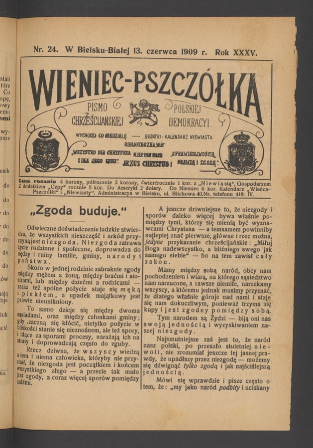 Wieniec-Pszcz&oacute;łka&nbsp;: pismo polskiej chrześcijańskiej demokracyi. Rok&nbsp;35, 1909, numer&nbsp;24