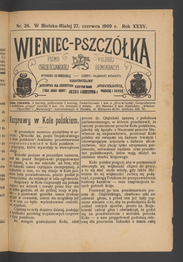 Wieniec-Pszcz&oacute;łka&nbsp;: pismo polskiej chrześcijańskiej demokracyi. Rok&nbsp;35, 1909, numer&nbsp;26