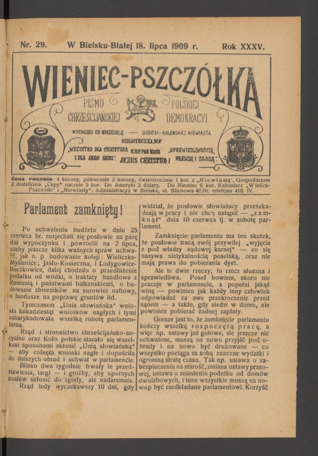 Wieniec-Pszcz&oacute;łka&nbsp;: pismo polskiej chrześcijańskiej demokracyi. Rok&nbsp;35, 1909, numer&nbsp;29