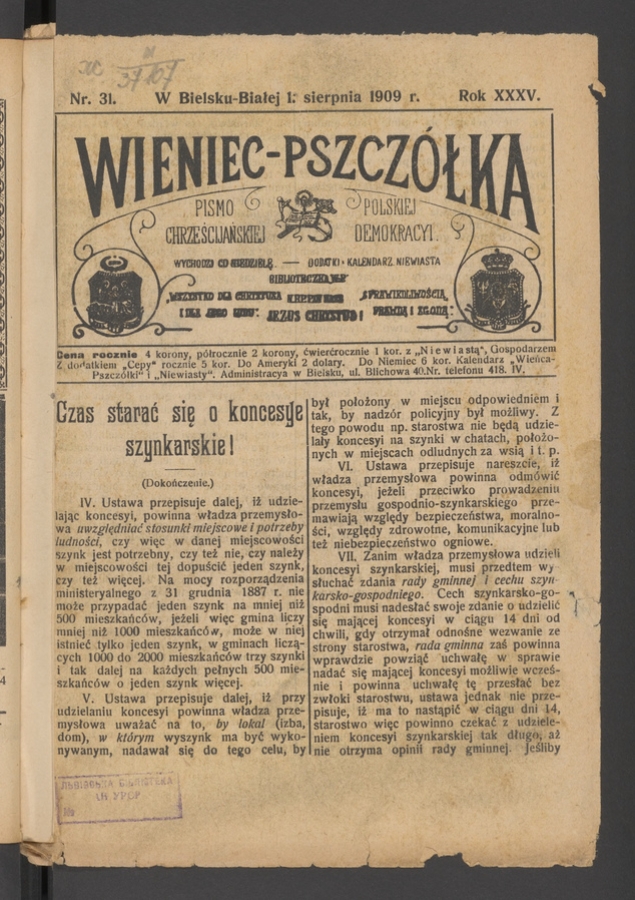 Wieniec-Pszcz&oacute;łka&nbsp;: pismo polskiej chrześcijańskiej demokracyi. Rok&nbsp;35, 1909, numer&nbsp;31