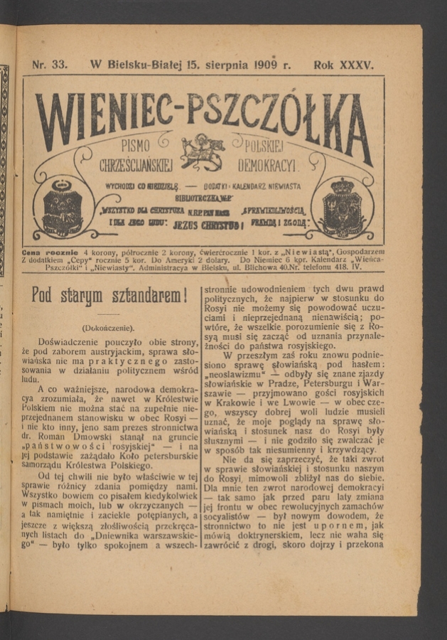 Wieniec-Pszcz&oacute;łka&nbsp;: pismo polskiej chrześcijańskiej demokracyi. Rok&nbsp;35, 1909, numer&nbsp;33
