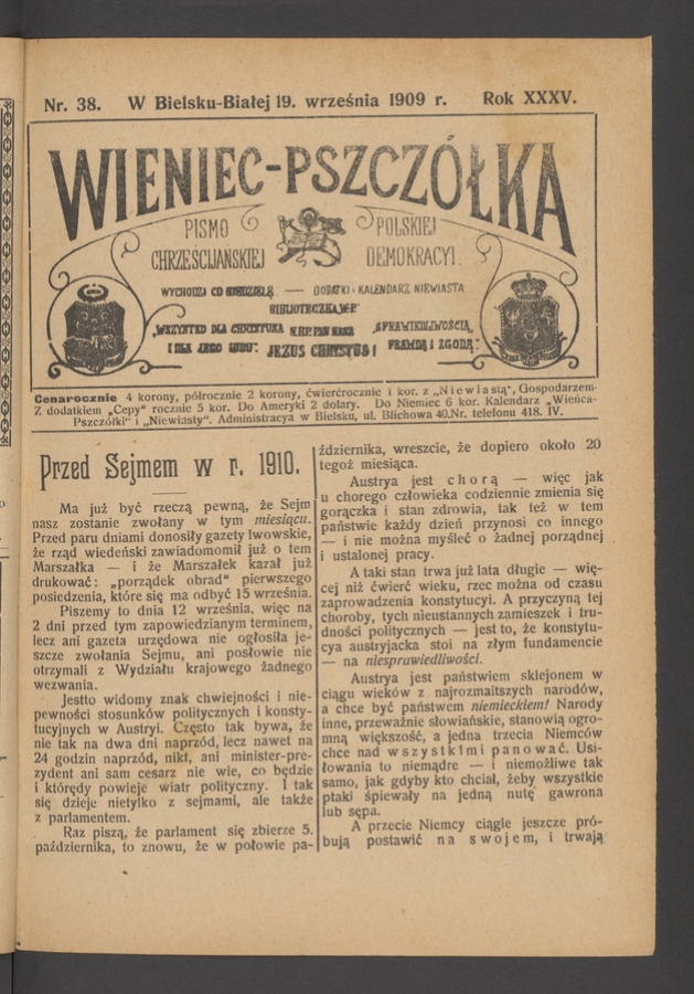 Wieniec-Pszczółka : pismo polskiej chrześcijańskiej demokracyi. Rok 35, 1909, numer 38