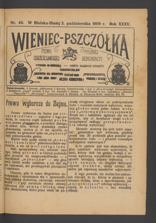 Wieniec-Pszczółka : pismo polskiej chrześcijańskiej demokracyi. Rok 35, 1909, numer 40