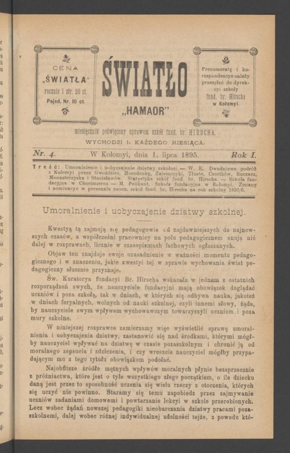 Światło&nbsp;: miesięcznik poświęcony sprawom szk&oacute;ł fundacyi barona&nbsp;Hirscha. Rok&nbsp;1, 1895, numer&nbsp;4