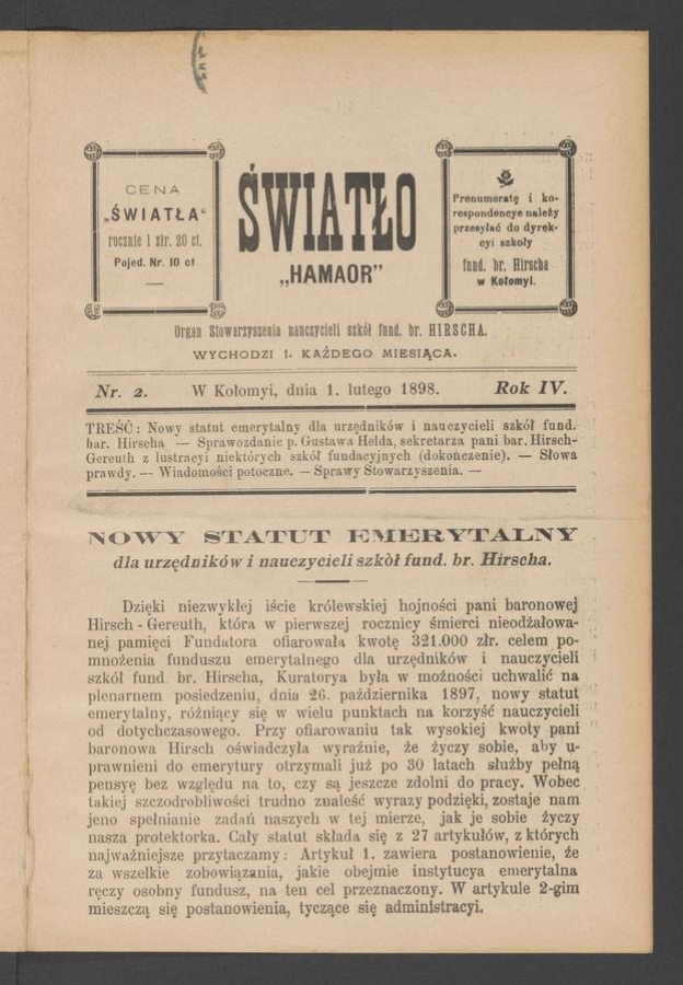 Światło&nbsp;: organ Stowarzyszenia nauczycieli szk&oacute;ł fundacyi barona Hirscha. Rok&nbsp;4, 1898, numer&nbsp;2