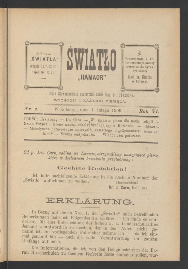 Światło&nbsp;: organ Stowarzyszenia nauczycieli szk&oacute;ł fundacyi barona Hirscha. Rok&nbsp;6, 1900, numer&nbsp;2