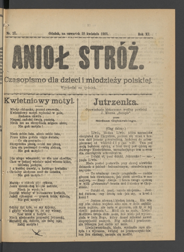 Anioł Str&oacute;ż&nbsp;: czasopismo dla&nbsp;dzieci i&nbsp;młodzieży polskiej. Rok 11, 1903, numer&nbsp;17