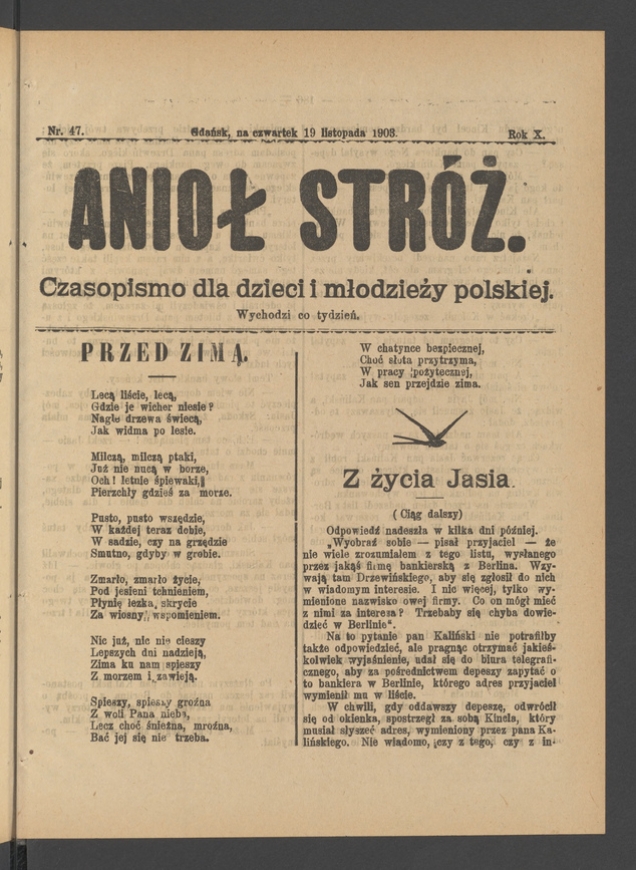 Anioł Str&oacute;ż&nbsp;: czasopismo dla&nbsp;dzieci i&nbsp;młodzieży polskiej. Rok 11, 1903, numer&nbsp;47
