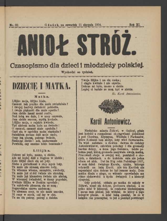Anioł Str&oacute;ż&nbsp;: czasopismo dla&nbsp;dzieci i&nbsp;młodzieży polskiej. Rok 12, 1904, numer&nbsp;32