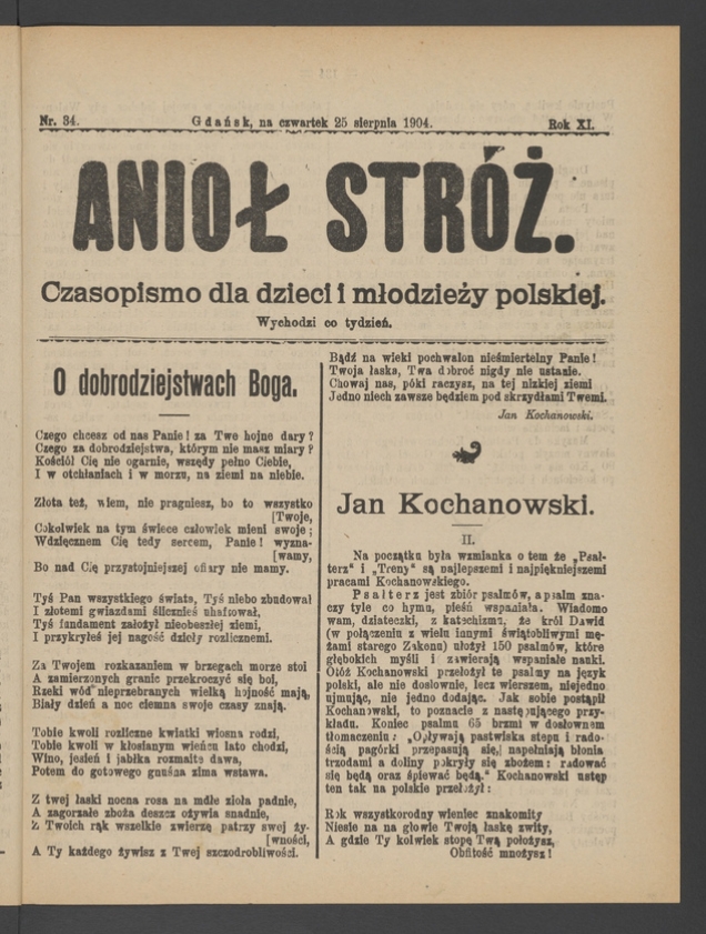Anioł Str&oacute;ż&nbsp;: czasopismo dla&nbsp;dzieci i&nbsp;młodzieży polskiej. Rok 12, 1904, numer&nbsp;34